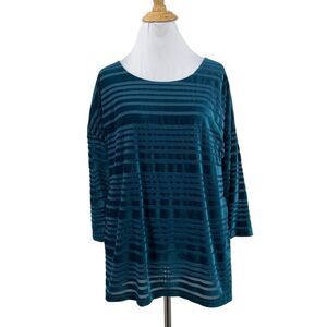 Chicos Velvet Mesh Stripe Top Size 1 Teal Blue 3/4 Sleeve Pullover Scoop Lined